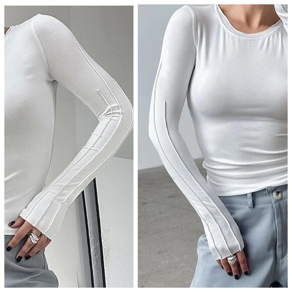 NWT Commense White Ribbed Statement Sleeve Form-Fitting Crew Neck Top size M L - Picture 13 of 16